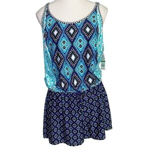 Kenneth Cole Reaction Blue Geometric Patterned Sleeveless Romper Style Swimsuit